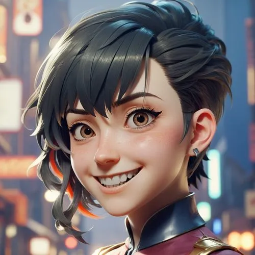 all rendered in 3d, anime style head, with punk haircut with side shave, with exposed ears and a big smile, futuristic suit,an animated image of a woman with short hair and blue eyes,peni,thmei,kazzia