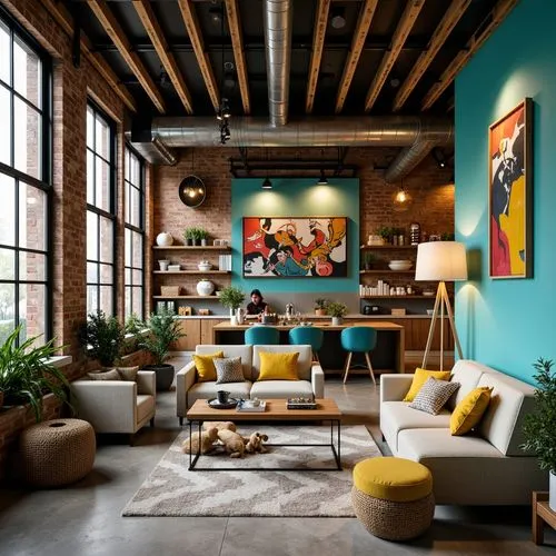 loft,turquoise leather,lofts,contemporary decor,modern decor,interior design,interior decor,turquoise wool,apartment lounge,teal and orange,interior decoration,interior modern design,color turquoise,gansevoort,mid century modern,living room,livingroom,great room,interiors,creative office