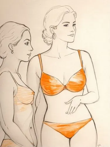 Ink drawing of some beautiful bikini women who stand next to a bed,the woman in the bikini is ,burkinabes,rotoscoped,summer line art,female swimmer,shapewear,drawing mannequin,Illustration,Paper based