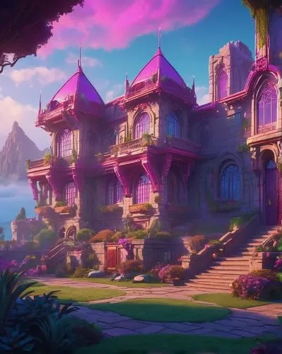 dreamhouse,fairy tale castle,wildstar,fairy village,fantasy landscape,3d fantasy,sylvania,arenanet,fairyland,fantasyland,purple landscape,aurora village,skylands,fantasy city,cartoon video game background,dreamlands,witch's house,lofland,scandia gnomes,bonnycastle,Conceptual Art,Sci-Fi,Sci-Fi 27