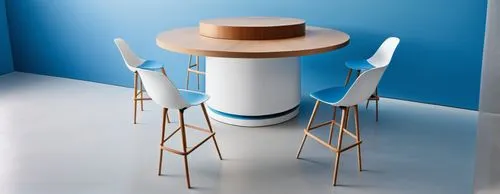 Design chairs and table furniture that people can sit on. The main colors of the chairs and tables are white and the sub colors are blue. The bottom of the table is surrounded by blue line lights. The