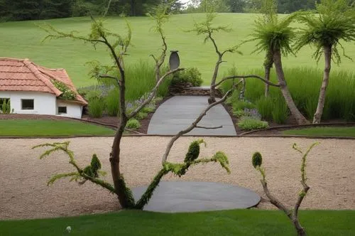 Sunrise and beautiful birds house and trees,this is a picture of a home in the distance,golf lawn,feng shui golf course,golf landscape,garden sculpture,golf resort,ordinary boxwood beech trees,Photogr