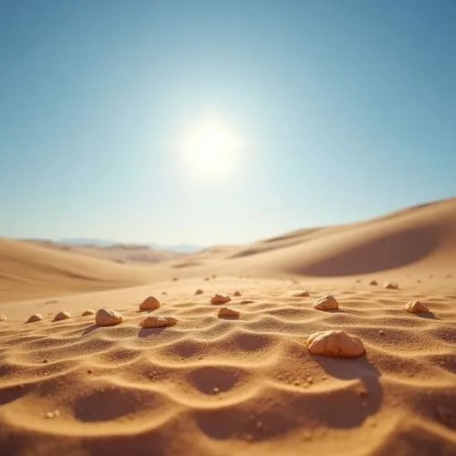 Natural scenery, desert landscape, sandy dunes, clear blue sky, sun shining down, gentle breeze, sand-casted materials scattered on the ground, intricate textures, earthy tone, rough surface, detailed