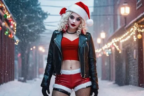 Harley Quinn, Christmas theme, Santa Claus hat, red and white stripes, jingling bells, messy curly hair, bold red lips, black leather jacket, ripped fishnet stockings, heavy combat boots, posing with 