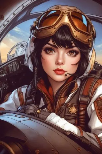 a beautiful lady pilot, steampunk version,Lady Pilot,glider pilot,aviatrix,aviator,piloto,earhart,taikonauts,Conceptual Art,Fantasy,Fantasy 03