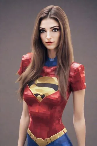 Realistic photo of a model with bold, dramatic makeup, smoky eyes, and red lips.,a 3d rendering of the young woman from superman,supergirl,super heroine,super woman,superheroine,supera,supes,Digital A