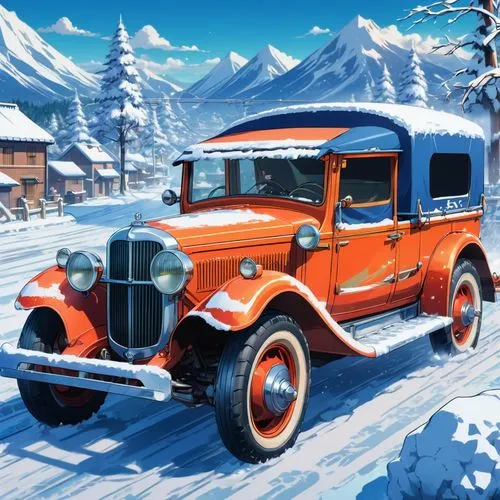 christmas retro car,christmas truck,syberia,christmas car,christmas pick up truck,retro vehicle,Illustration,Japanese style,Japanese Style 03