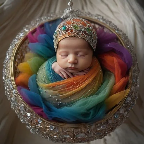 Newborn baby in a crystal cradle and many colored veils
,newborn photography,newborn photo shoot,rainbow cake,princess crown,king cake,newborn baby,little cake,baby bed,crystal ball-photography,unicor