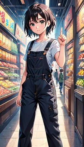 yanmei,shopkeeper,anime japanese clothing,tsengwen,grocery,haruhi,grocery store,overalls,bakery,nogaideli,heiji,storeowner,makoto,jeans background,denim background,vending,megumi,girl in overalls,grocery shopping,shopping icon,Anime,Anime,Realistic