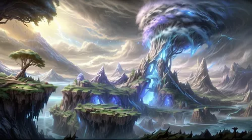 fantasy landscape,mushroom landscape,druid grove,fairy world,fantasy picture,elven forest,mushroom island,cartoon video game background,northrend,wasserfall,fairy forest,karst landscape,enchanted forest,futuristic landscape,fairy village,an island far away landscape,fantasy world,fantasy art,3d fantasy,waterfalls