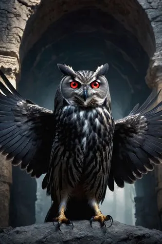 Evil Duolingo Owl, dark wings spread wide, sharp talons grasping, sinister gaze, glowing red eyes, menacing beak, midnight black feathers, wispy eyebrows, wicked grin, brooding atmosphere, dimly lit c