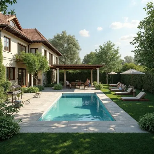 european garden behind family house with pergol, swimming pool, grill, people enjoying the garden, happ mooo, good weather, hyperrealistic style,


,a house with an empty swimming pool in the yard,poo