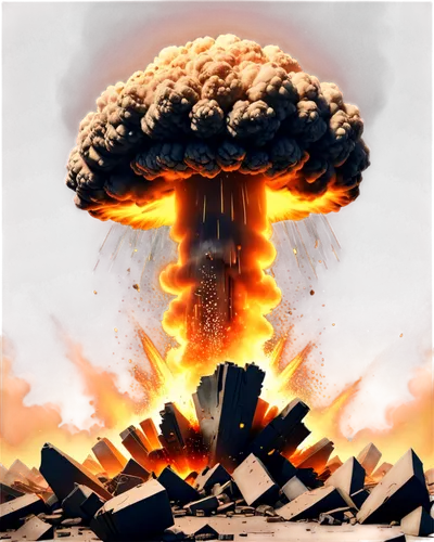 Explosive mushroom cloud, dark smoke, orange-yellow glow, intense shockwave, shattered debris, massive destruction, 3D rendered, cinematic composition, dramatic lighting, shallow depth of field, warm 