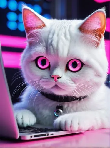 Cute cat, AI meme, white fur, pink nose, big round eyes, adorable whiskers, sitting, leaning forward, paws together, laptop, coding screen, futuristic background, neon lights, robotic elements, metall