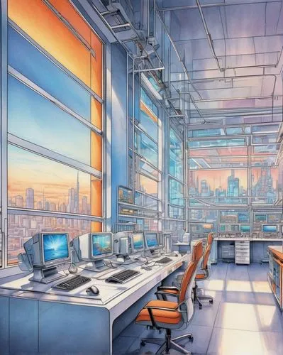 schuitema,schuiten,modern office,cybertown,computer room,cybercity,cyberscene,sci fiction illustration,offices,working space,computerworld,cyberport,the server room,cyberworld,computer workstation,mainframes,background design,desktops,cyberworks,oscorp,Conceptual Art,Daily,Daily 17