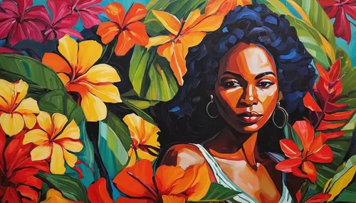 girl in flowers,flower painting,frangipani,west indian jasmine,flora,mural,oil painting on canvas,flower art,polynesian girl,oil on canvas,tropical bloom,african daisies,tropical flowers,african american woman,girl in the garden,cuba flower,fabric painting,oil painting,david bates,exotic flower,Conceptual Art,Oil color,Oil Color 08