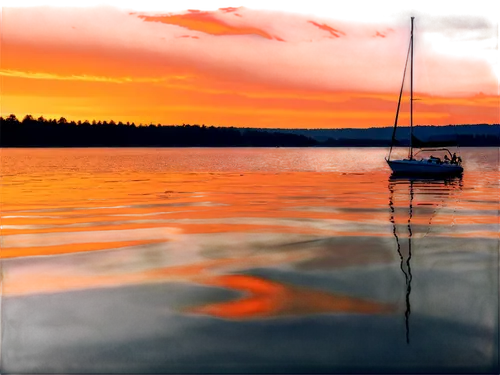 Serene lake, sunset, peaceful atmosphere, calm water, rippling waves, sailing boat in distance, seagulls flying overhead, vibrant orange sky, soft warm lighting, 3/4 composition, shallow depth of fiel