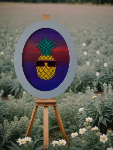 Картина на мольберте в ананасовом поле,a painting of a pineapple wearing sunglasses,pineapple field,pineapple farm,pineapple fields,pineapple background,pinapple,ananas