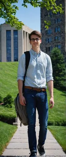 Cornell University, Architecture Masters student, male, 25yo, glasses, short brown hair, casual wear, blue denim jeans, white button-down shirt, black sneakers, backpack, holding a large portfolio, st