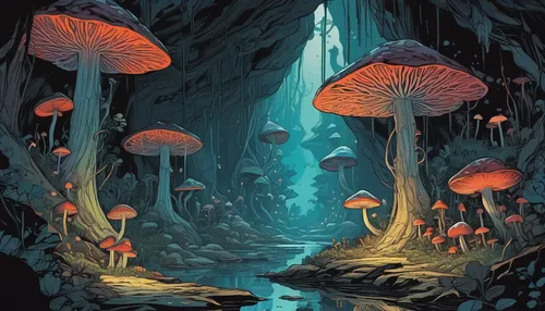 mushroom landscape,mushroom island,forest mushrooms,mushrooms,umbrella mushrooms,forest mushroom,fairy forest,toadstools,brown mushrooms,fungi,fungal science,forest floor,agaric,wild mushrooms,mushrooms brown mushrooms,blue mushroom,fairy world,fairy village,mushroom type,cartoon forest,Illustration,Black and White,Black and White 12