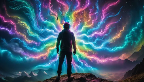 astral traveler,dr. manhattan,psychedelic art,transcendence,mind-body,consciousness,inner space,astral,aura,ego death,the universe,ascension,chakras,inner light,dimensional,enlightenment,metaphysical,transcendental,vibration,the law of attraction,Illustration,Realistic Fantasy,Realistic Fantasy 20