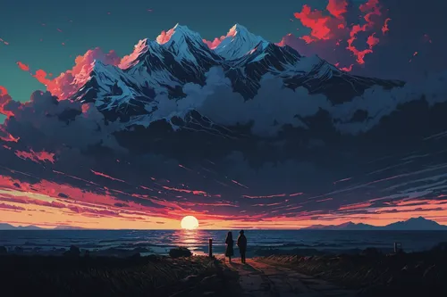 travelers,mountain sunrise,landscape background,dusk background,dusk,atmosphere,would a background,mountains,mountain,sunset,evening atmosphere,alpine sunset,background screen,the horizon,red sky,mountain world,skies,music background,peaks,creative background,Conceptual Art,Fantasy,Fantasy 32