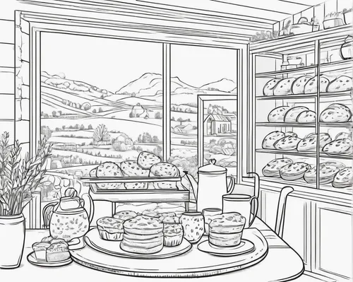 kitchen shop,food line art,pantry,bakery,china cabinet,coloring page,village shop,grocer,flower shop,greengrocer,brandy shop,pastry shop,coloring pages,kitchen,watercolor tea shop,coffee tea illustration,tearoom,kitchenware,grocery,apothecary,Illustration,Black and White,Black and White 04