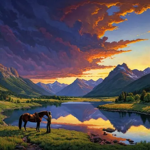 beautiful landscape,landscape background,teton,nature landscape,painted horse,mountain scene,Illustration,American Style,American Style 03