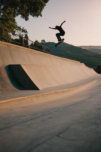 Craft a cinematic and epic skateboard video set against the backdrop of Breckie Hill, featuring professional skateboarders and breathtaking shots.,fullpipe,half-pipe,halfpipe,kickflip,half pipe,grind 