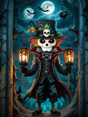 HALLOWEEN,the skeleton is holding two lanterns in his hands,halloween background,halloween wallpaper,gothicus,scare crow,skulduggery,halloween poster,Photography,General,Fantasy