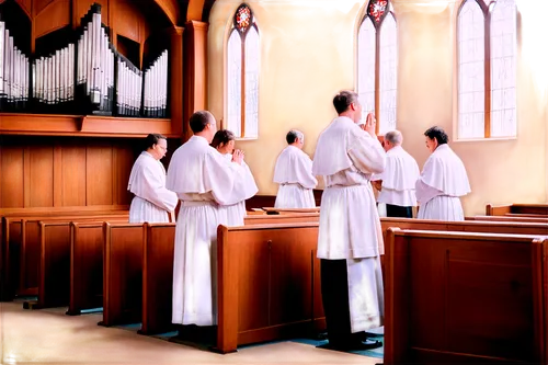 Interior church scene, morning light, stained glass windows, grand organ, wooden pews, holy altar, Christian cross, priest in white robes, worshipers with hands together, praying, soft focus, warm col