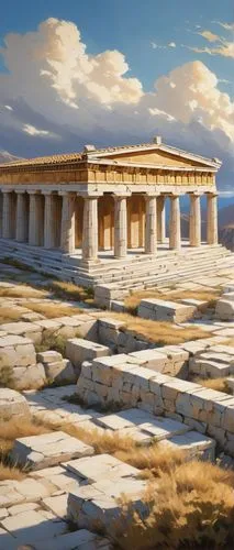 Ancient Greek temple, modern minimalist roof, curved lines, symmetrical structure, ornate decorations, Doric columns, marble material, smooth texture, intricate carvings, subtle shading, warm golden l