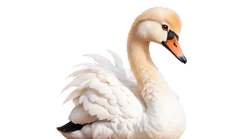 White swan, close-up, feathers detailed, orange beak, black eyes, slender neck, soft plumage, ruffled feathers, morning light, shallow depth of field, 3/4 composition, warm color tone, cinematic light