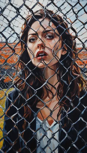 chain fence,chainlink,chain link,chain-link fencing,barbwire,barb wire,oil painting on canvas,wire mesh,prison fence,oil on canvas,oil painting,colored pencil background,portrait background,wire fencing,cage,prisoner,fence,wire fence,unfenced,wire mesh fence,Conceptual Art,Oil color,Oil Color 08