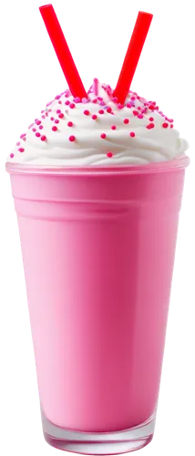 Colorful milkshake, tall glass, thick creamy texture, pink straw, whipped cream topping, cherry on top, sprinkles around rim, shiny surface, cold sweat droplets, 45-degree angle, close-up shot, warm l