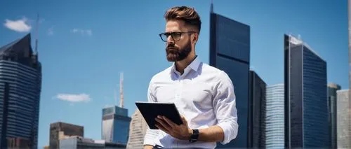 Male, architect, 30s, stylish hair, black-framed glasses, beard, white shirt, dark blue jeans, leather belt, black sneakers, holding a tablet, standing, modern skyscraper, cityscape, sunny day, bright