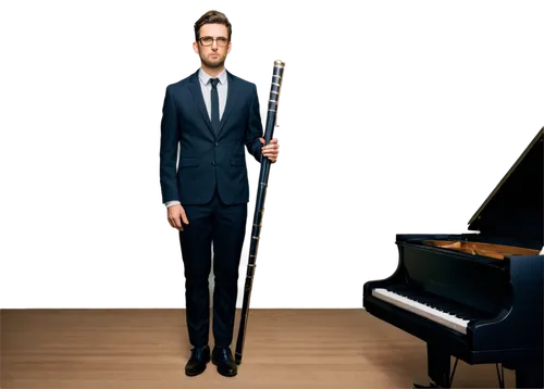 Orchestral composer, male, 30s, formal attire, holding baton, standing in front of grand piano, elegant hairstyle, glasses, serious facial expression, luxurious studio background, warm lighting, woode