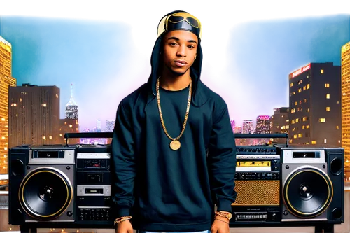 Urban DJ, free beats, profitable music, studio setting, male rapper, 25yo, confident pose, gold chain, black durag, trendy streetwear, microphone in hand, boombox speakers, vinyl records, cityscape ba