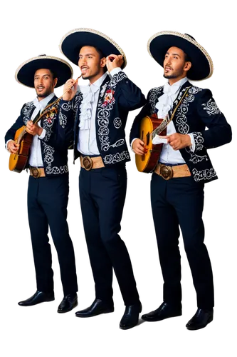 Mariachi musicians, traditional Mexican clothing, colorful sombreros, ornate jackets, white shirts, black pants, charro suits, embroidered belts, guitars, violins, trumpets, festive atmosphere, lively