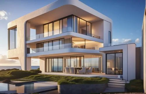 Design a stunning, modern, Pictures viewed from the sea view sea front  perspective two-story white house with sleek, minimalist architecture. The exterior should feature clean lines, large windows, a