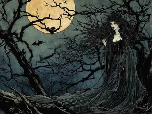 gothic woman,queen of the night,bram stoker,vampire woman,arthur rackham,vampire lady,lady of the night,gothic fashion,the enchantress,sorceress,dark gothic mood,witch house,rusalka,the witch,mourning swan,halloween illustration,gothic portrait,gothic,gothic style,gothic dress,Illustration,Retro,Retro 25