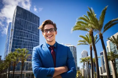 Young adult, male, architecture intern, San Diego, California, USA, modern skyscraper, glass facade, steel beams, urban cityscape, sunny day, clear blue sky, few white clouds, warm light, 3/4 composit