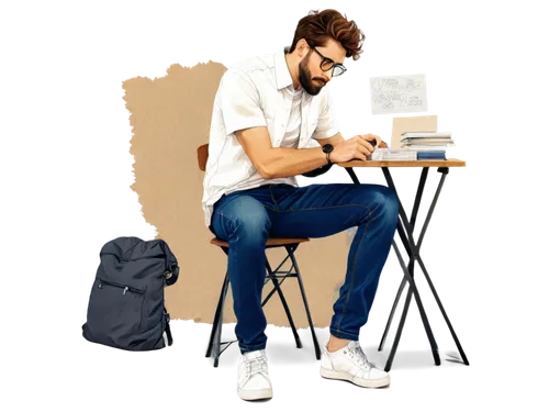 Camarón, drawing, male artist, 30s, beard, messy hair, glasses, white shirt, rolled-up sleeves, dark blue jeans, sneakers, sitting, desk, papers, pencils, eraser, coffee cup, morning light, soft focus