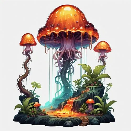 mushroom landscape,mushroom island,tree mushroom,mushroom cloud,conocybe,forest mushroom,Illustration,Abstract Fantasy,Abstract Fantasy 11