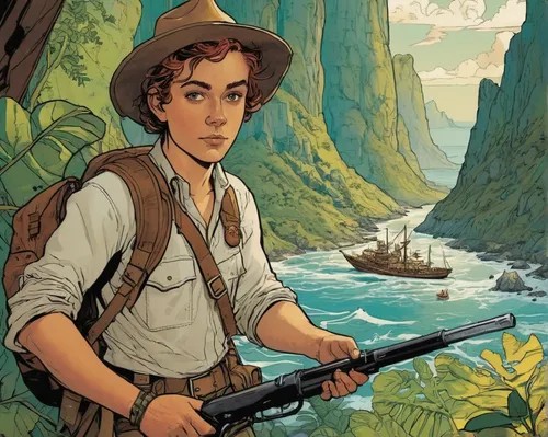 travel poster,monkey island,adventurer,game illustration,vintage illustration,explorer,rifleman,indiana jones,ranger,park ranger,the wanderer,newt,oceania,tarzan,biologist,book illustration,american frontier,hand-drawn illustration,farmer in the woods,holding a gun,Illustration,Vector,Vector 04