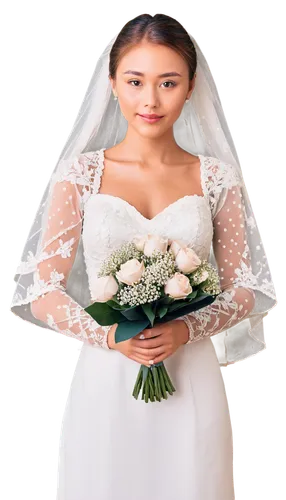 Formal lady, solo, (25yo), elegant hair bun, pearl necklace, white wedding dress, lace veil, holding bouquet, standing, soft focus, warm lighting, shallow depth of field, cinematic composition, 3/4 vi