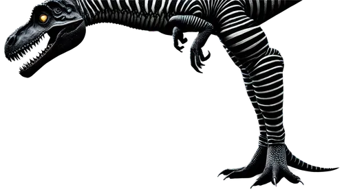 Dinosaur, black and white stripes, Tyrannosaurus Rex, powerful legs, sharp teeth, scaly skin, fierce eyes, solo, close-up, 3/4 composition, high contrast lighting, detailed texture, cinematic composit