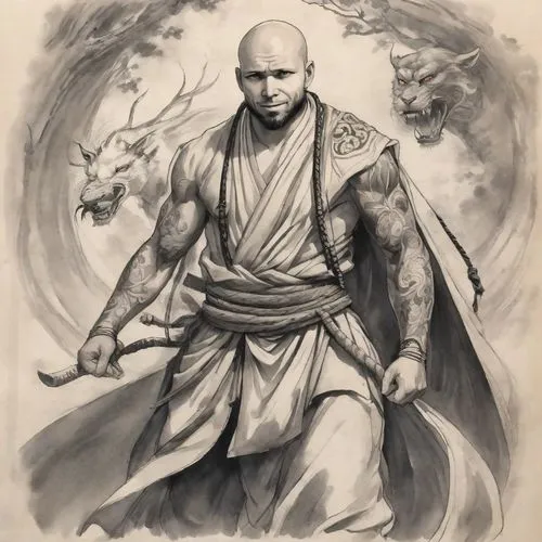 a man, bald, strong, wearing a large Jampala around his neck, looks strong and fearless,yi sun sin,monk,xing yi quan,indian monk,buddhist monk,shaolin kung fu,nurungji,samurai,tai qi,prejmer,qi-gong,h