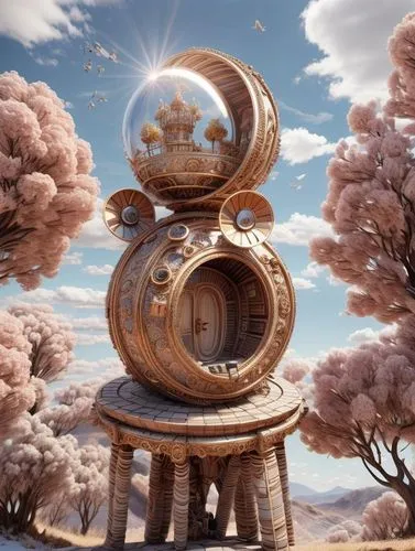 tree house,music box,3d fantasy,fairy chimney,bee house,mushroom landscape,fairy house,fantasy picture,treehouse,surrealism,round house,utopian,fractals art,surrealistic,fantasy world,somtum,round hut,time spiral,floating island,dream world