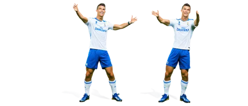 Cristiano Ronaldo, soccer player, athletic build, muscular arms, strong jawline, short spiky hair, piercing eyes, bright smile, iconic celebration pose, white soccer jersey, blue shorts, shiny footbal